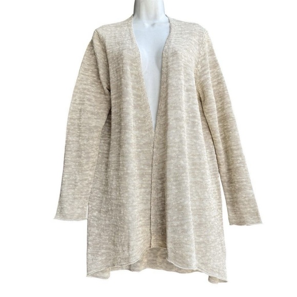 Eileen Fisher Organic Linen Cotton Blend Cardigan Sz L Beige Open Front Sweater - Picture 1 of 4